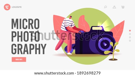 Macro Photography Hobby Landing Page Template. Man Photographer Shoot Water Drops on Flower Leaves on Photo Camera. Male Character Making Picture of Blossom on Nature. Cartoon Vector Illustration