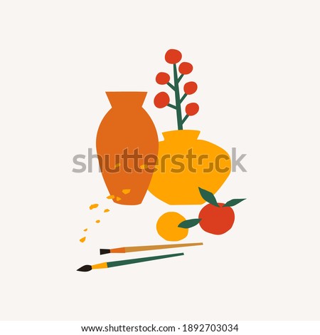Vases with berries on a branch, artistic brushes, and fruits on a light isolated background. Still life for a young artist vector illustration. Element for the decoration of children's art studios.