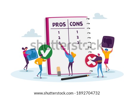 Tiny Male and Female Characters at Huge Notebook Sheet Writing Pros and Cons of Something in Column List, Advantages and Disadvantages, People Make Important Decision. Cartoon Vector Illustration Royalty-Free Stock Photo #1892704732