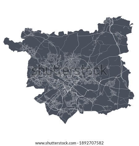 Leeds map. Detailed vector map of Leeds city administrative area. Cityscape poster metropolitan aria view. Dark land with white streets, roads and avenues. White background.