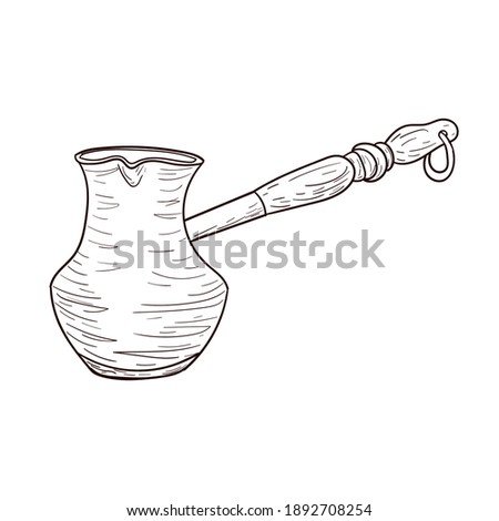 Coffee turk, cezva, brown contour drawing isolated on white background, stock vector illustration for design and decor, sketch, template, copper cookware