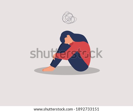 Depressed female character sitting on floor and hugging knees, above scribble. Mental health concept. Depression, bipolar disorder, dementia, obsessive compulsive, post traumatic stress disorder. Royalty-Free Stock Photo #1892733151
