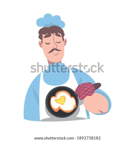 Chef Frying Eggs on Pan, Cook Character in Hat and Apron Cooking in the Kitchen Cartoon Style Vector Illustration