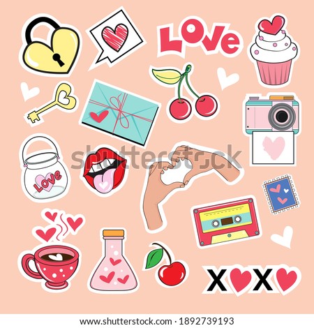 Valentine's day set. Trend Pop art style with different vector elements. Fashion patch badges Stickers