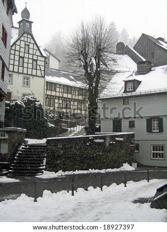 Monschau, German city snow winter