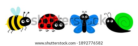 Bee bumblebee, butterfly, snail cochlea, lady bug ladybird flying insect icon set. Cute cartoon kawaii funny baby character. Ladybug. Happy Valentines Day. Flat design. White background. 