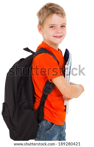 little schoolboy with schoolbag looking at the camera