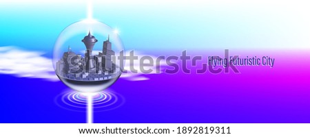 3D flying futuristic city in a transparent ball with bright glowing rings against the background of an abstract sky and clouds. Clipping mask. EPS10
