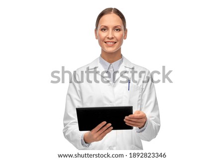 medicine, profession and healthcare concept - happy smiling female doctor or scientist in white coat with tablet pc computer Royalty-Free Stock Photo #1892823346