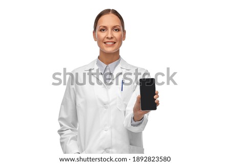 medicine, profession and healthcare concept - happy smiling female doctor or scientist showing smartphone over white background