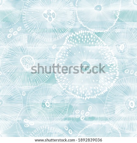 Sea. Abstract seamless pattern on the marine theme on a watercolor background. Vector. Perfect for design templates, wallpaper, wrapping, fabric and textile.