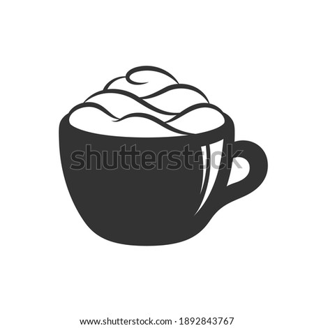 Cup of beverage with foam and cream on mug with highlight silhouette. Simple minimal flat clip art, icon or logo for cafe shops, beverages, caffeine, restaurants, etc. Vector illustration.