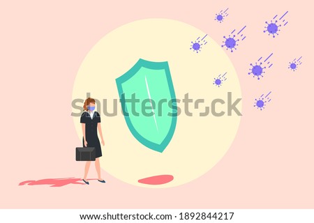 Business protection vector concept. Businesswoman in face mask protected by shield to face virus