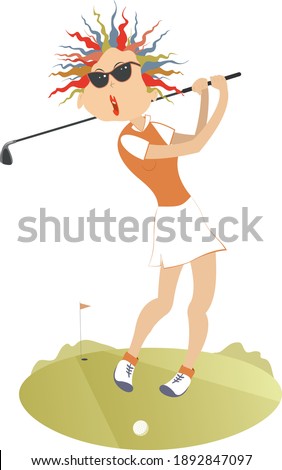 Young golfer woman on the golf course illustration. Young golfer woman in sunglasses tries to do a good hit isolated on white
