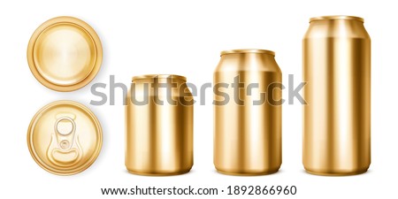 Golden tin cans for soda or beer in front, top and bottom view. Vector realistic 3d mockup of blank gold cans different sizes for drink with ring pull on lid isolated on white background
