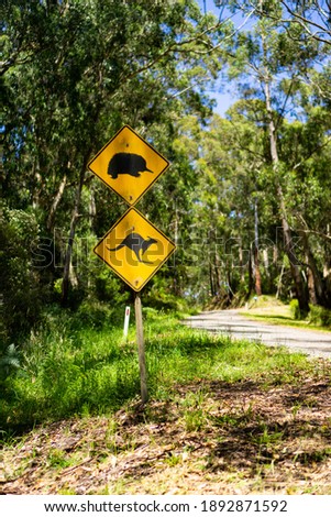 Traffic sign of Echidna and Kangaroo with empty road softly blurred in background