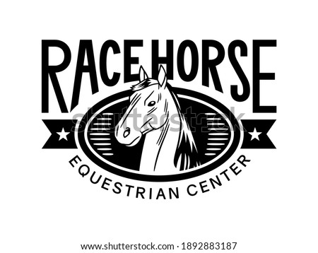 Template for a logo of an equestrian center, in black and white, formed by the symbol of a head of a horse and a typography that says: Race Horse.