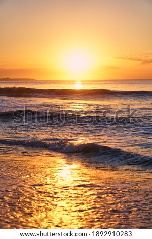 The sun rises over the horizon at the dawn of the sea. Ocean at sunset. Sandy blyaz and a wave on the seashore. High quality photo