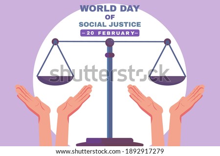 Hands with justice scale and world day of social justice text