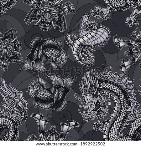 Japanese monochrome seamless pattern with fantasy dragon poisonous snake koi carp and samurai mask in helmet in vintage style vector illustration