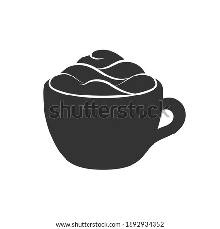 Cup of beverage with foam and cream on mug silhouette. Simple minimal flat clip art, icon or logo for cafe shops, beverages, caffeine, restaurants, etc. Vector illustration.