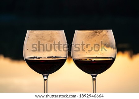 Two glasses of wine at sunset on a forest lake