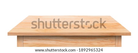 Wooden table isolated on white background, for use product display, ornament, or decoration concept. Empty old wood desktop top view.