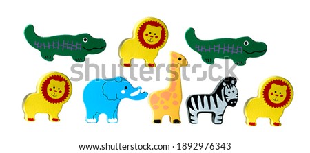 wooden toy animals on white background