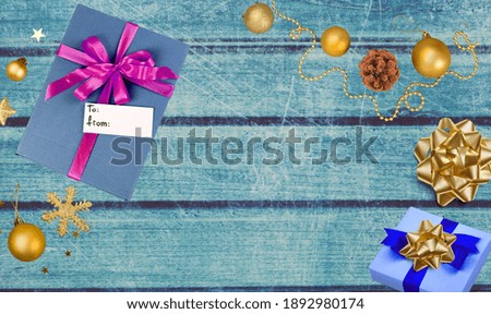 Happy New Year Christmas design gifts box, golden balls, decoration objects