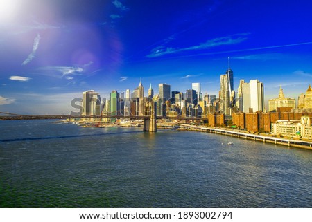 Lower Manhattan sunset skyline as seen from Brooklyn, USA.