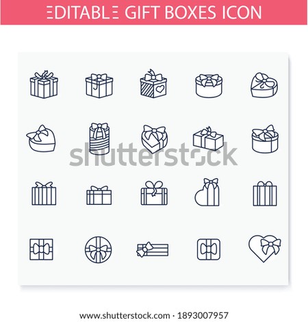 Presents line icons set. Different shapes gift boxes collection. Holiday congratulation, surprise concept. Christmas, new year, birthday celebration. Isolated vector illustrations. Editable stroke 