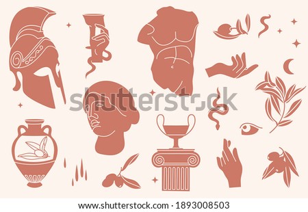 Vector illustration of bundle antique signs and symbols - statues, olive branch, amphora, column, helmet. Ancient greek or roman style elements. Seamless pattern Royalty-Free Stock Photo #1893008503
