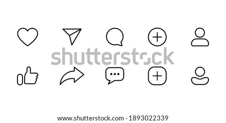 Social media icons set like share comment love text message repost admin user silhouette flat line art symbols clip art icons pack