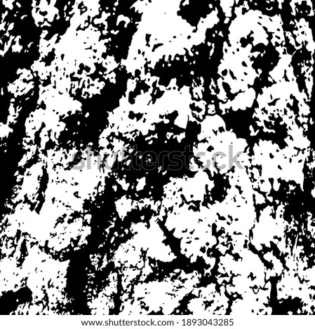 Aged tree bark, close up. White design elements on black colour background, vector illustration. 