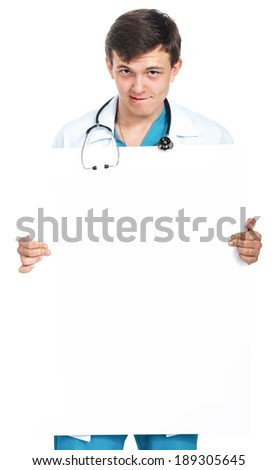 a young male doctor (intern, student, nurse) presenting a blank board