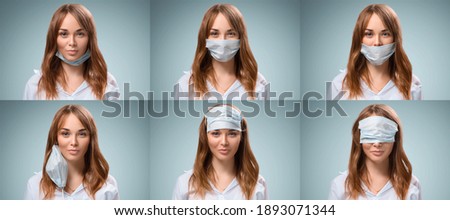 The protective mask on the girl is incorrectly put on. A masked nurse. Wrong. Quarantine during the virus. Self-isolation and illness. The doctor smiles. Coronavirus and protection. Collage of photos. Royalty-Free Stock Photo #1893071344