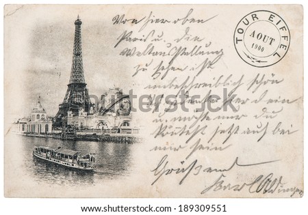rare vintage postcard with Eiffel Tower in Paris, France, circa 1900