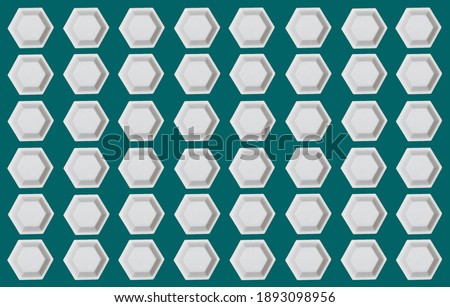 Hexagonal shaped plastic trays on teal  
 background. Honeycomb pattern.