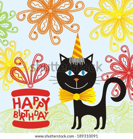 Happy birthday greeting card cat gifts balloons butterflies vector illustration