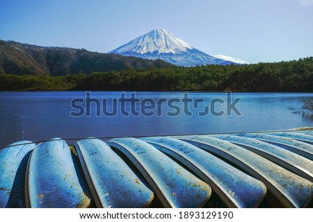 Landscape of Mount Fuji at Lake Saiko, one of Fuji Five Lakes Area, Fujikawaguchiko, Yamanashi, Japan