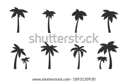 Palm icons set. 8 black palm tree silhouettes isolated on white background. Palms, Coconut icons. Vector illustration