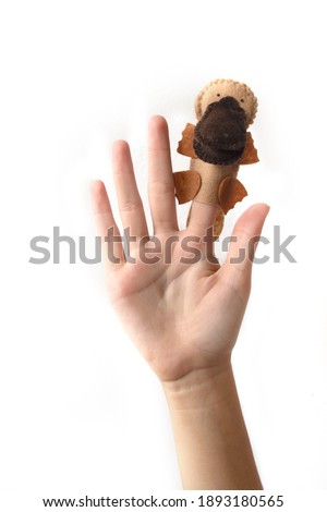 Cute finger puppet platypus on hand isolated on a white background. Animal from Australia. 