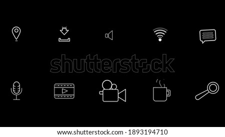 Set of contact detail icons isolated on black background in white colors. Internet communication web icons