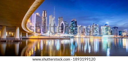 Dubai skyline at night, Business Bay district in central dubai, United Arab Emirates Royalty-Free Stock Photo #1893199120