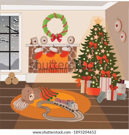 Christmas room interior in colorful cartoon flat style.Noel Christmas night celebration vector illustration.