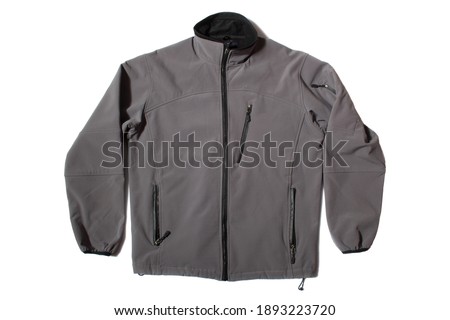 Grey Hiking Softshell jacket on white background.  Royalty-Free Stock Photo #1893223720