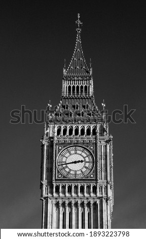 Artistic, monochrome, high-contrast, infra-red style image of Big Ben, at Houses of Parliament, London, England, Great Britain, United Kingdom  Nobody