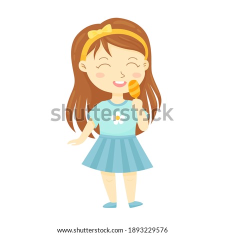 Cute little girl eating delicious ice-cream on stick. Cartoon child character with brown hair in blue t-shirt and skirt. Vector illustration isolated on a white background