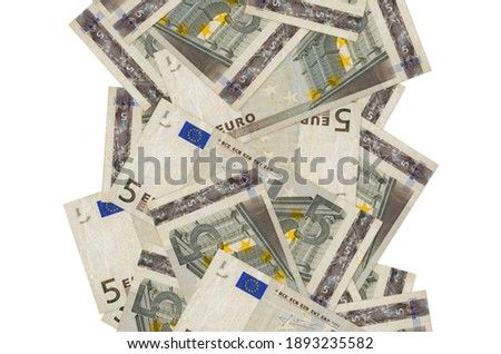 5 euro bills flying down isolated on white. Many banknotes falling with white copy space on left and right side