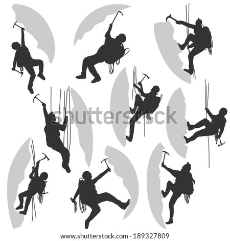 Set of vector silhouettes alpinists (climbers) with ice ax in different poses.